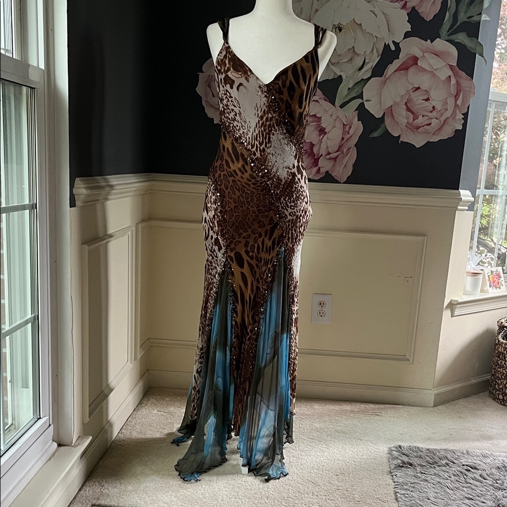 Cache Animal Print Maxi Dress with Blue Accents